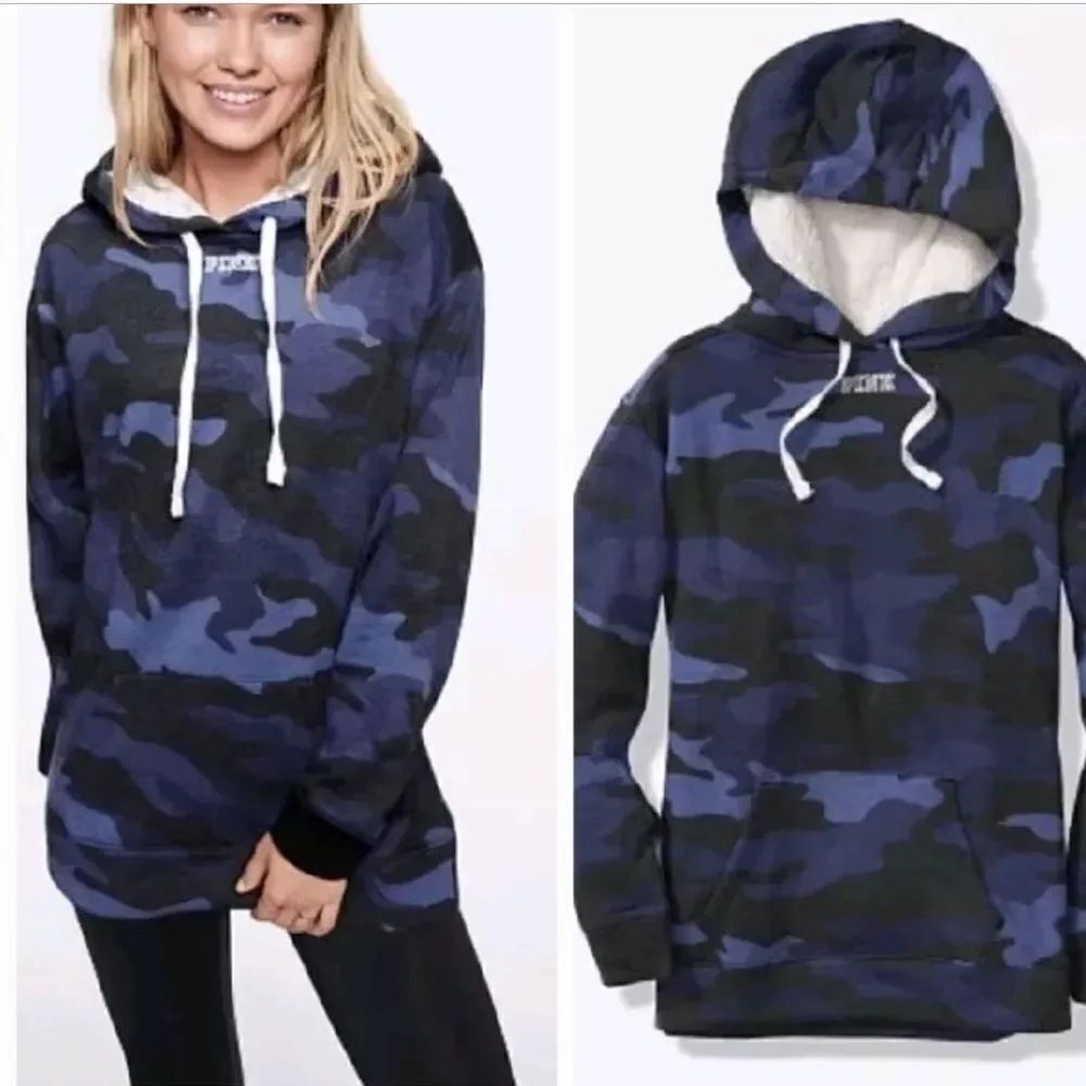 Victoria's Secret Pink Sherpa Lined Camo Hoodie Blue
